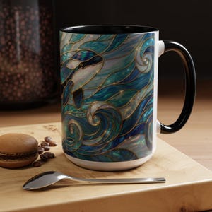 Orca Whale Coffee Mug, Ocean Art Mug, Stained Glass Whale Design, Marine Life Gift, Ceramic Coffee Cup, 11oz 15oz Waves Mug, Coastal Decor image 17