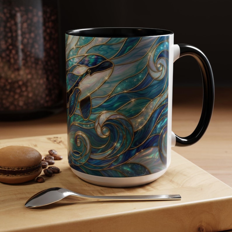 Orca Whale Coffee Mug, Ocean Art Mug, Stained Glass Whale Design, Marine Life Gift, Ceramic Coffee Cup, 11oz 15oz Waves Mug, Coastal Decor image 17