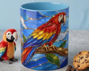 Faux Stained Glass Parrot Mug, Scarlet Macaw Coffee Cup, Tropical Bird Suncatcher Art, Colorful Animal Ceramic Tea Mug, Parrot Lover Gift