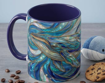 Celestial Whale Mug, Faux Stained Glass Ocean Art Cup, Cosmic Marine Life Coffee Mug, Whimsical Animal Lover Gift, Nautical Navy Blue Decor