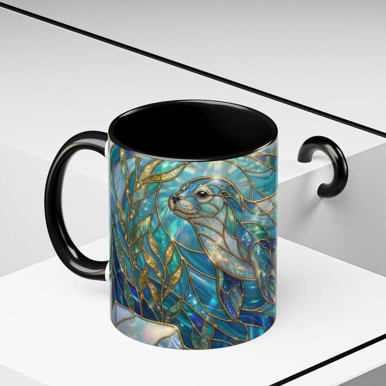 Seal Coffee Mug, Stained Glass Seal Mug, Cute Marine Animal Art Mug, Ocean Lover Gift, Unique Ceramic Coffee Cup, 11oz 15oz Coastal Mug image 10