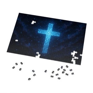 May include: A blue cross made of stars against a dark blue background with white stars. The cross is a religious symbol.