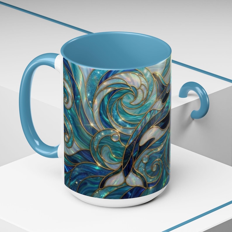 Orca Whale Coffee Mug, Ocean Art Mug, Stained Glass Whale Design, Marine Life Gift, Ceramic Coffee Cup, 11oz 15oz Waves Mug, Coastal Decor image 14