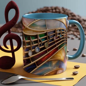 以下が含まれることがあります： 音楽の音符が描かれたステンドグラスデザインのセラミックコーヒーマグ。マグカップは青いハンドルと内側を持ち、銀のスプーンとマルーンのト音記号が近くにあります。コーヒー豆がマグカップの周りに散らばっています。