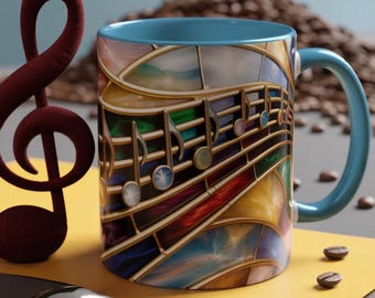 Stained Glass Music Mug, Musical Notes Coffee Cup, Colorful Treble Clef Mug, Musician Gift Idea, Music Lover Cup, Art Mug for Singers