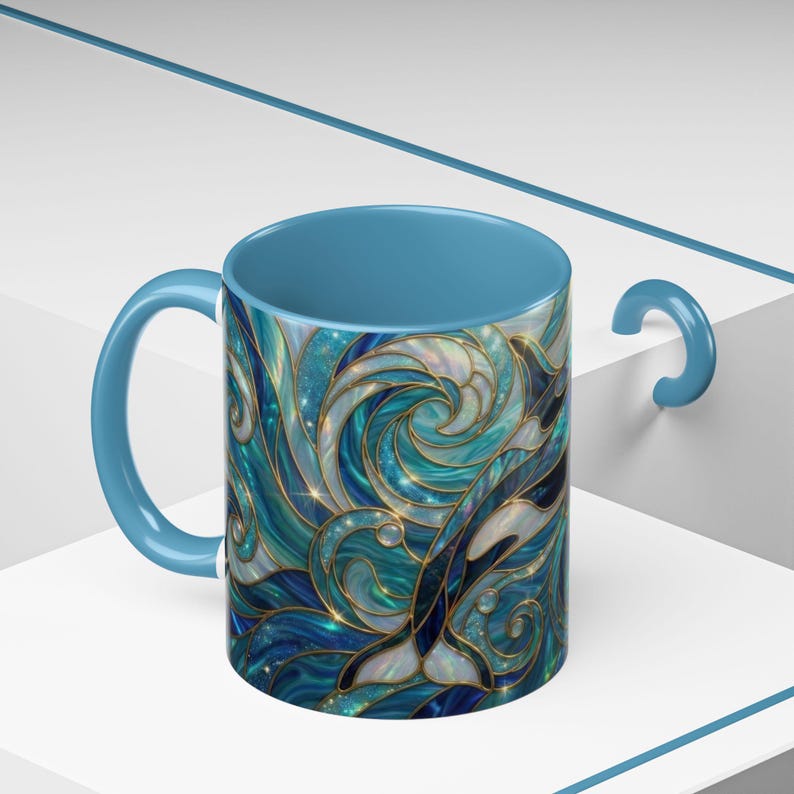 Orca Whale Coffee Mug, Ocean Art Mug, Stained Glass Whale Design, Marine Life Gift, Ceramic Coffee Cup, 11oz 15oz Waves Mug, Coastal Decor image 13