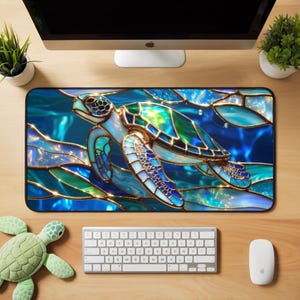 Stained Glass Sea Turtle Desk Mat, Ocean Reef Mouse Pad, Colorful Marine Life Desk Decor, Underwater Turtle Gaming Mat, Coastal Office Pad