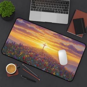 Desk Mat Mouse Pad - Cross on a Hill Monet Style Painting Christian Accessory Spiritual Mouse Pad Religious Desk Mat