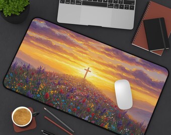 Cross on Hill Desk Mat: Monet Style Christian Mouse Pad