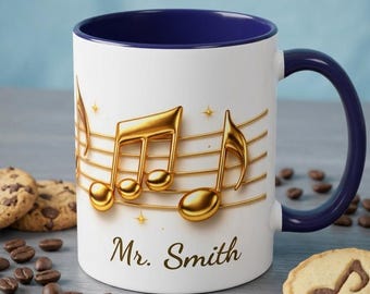 Personalized Music Teacher Gift, Custom Golden Musical Notes Mug, Musician Coffee Cup, Choir Director Present, Singer Piano Player Gift