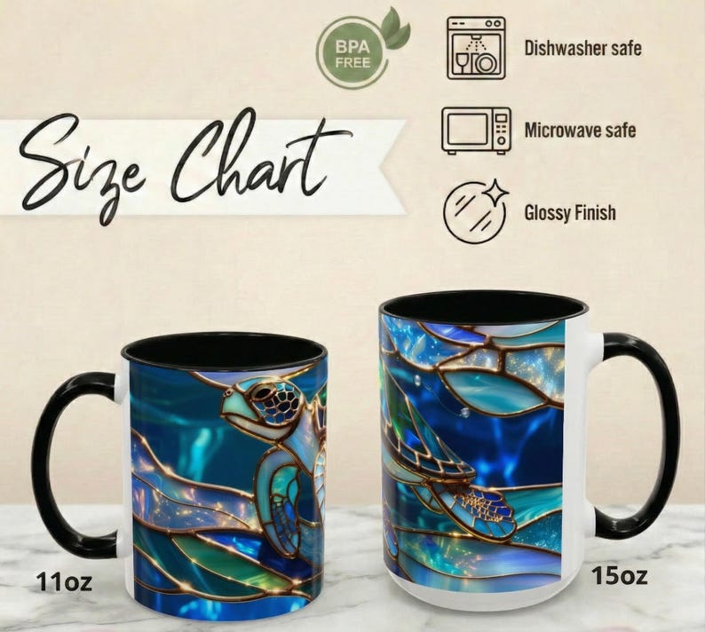 Stained Glass Sea Turtle Mug, Ocean Turtle Coffee Cup, Coastal Beach Mug Gift, Marine Life Art Cup, Sea Lover Gift, Ocean Wildlife Mug image 11