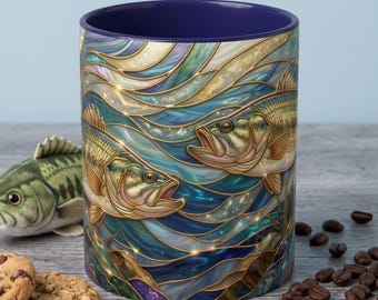 Bass Fishing Mug, Faux Stained Glass Fisherman Gift, Largemouth Bass Coffee Cup, Lake House Decor, Angler Ceramic Mug, Outdoor Nature Gift