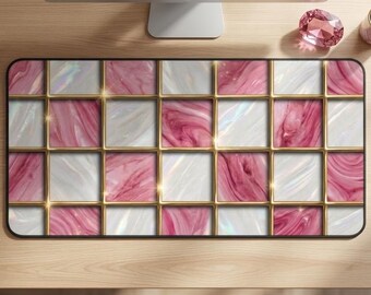 Pink Faux Marble Desk Mat, Checkered Mouse Pad, Preppy Office Decor, Coquette Gaming Setup, Faux Stained Glass Desk Pad, Cute Laptop Mat