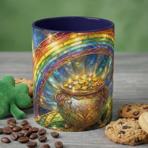 May include: A ceramic mug with a stained-glass design featuring a rainbow arching over a pot of gold coins. The mug has a dark blue interior and is surrounded by coffee beans, cookies, and a green shamrock.