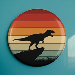 Retro dinosaurusmagneet zonsondergang - T-Rex silhouet vintage koelkastdecor - kleurrijk 2,25 inch rond dino cadeau voor dinosaurusliefhebbers Jurassic Decor