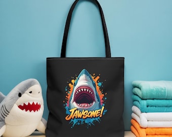 Shark Tote Bag - JAWSOME Funny Ocean Lover Bag - Durable Reusable Grocery, Beach, or Everyday Tote - Gift for Shark Fans and Sea Lovers