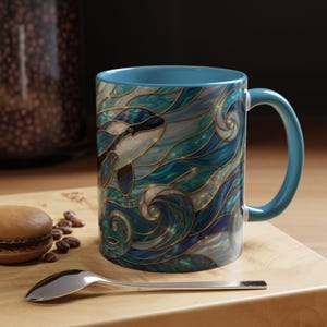 Orca Whale Coffee Mug, Ocean Art Mug, Stained Glass Whale Design, Marine Life Gift, Ceramic Coffee Cup, 11oz 15oz Waves Mug, Coastal Decor image 19