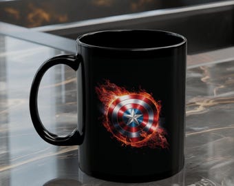 Taza de café con emblema de escudo llameante: diseño de estrella roja, blanca y azul
