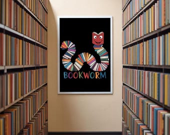 Bookworm Poster: Whimsical Books Worm Matte Print