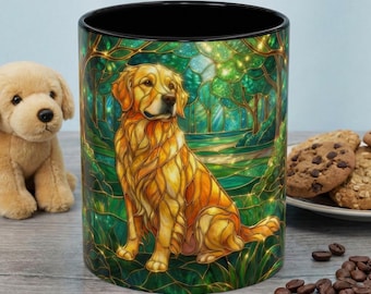 Stained Glass Dog Mug, Golden Retriever Coffee Cup, Pet Lover Ceramic Mug, Forest Art Animal Mug, 11oz 15oz Gift
