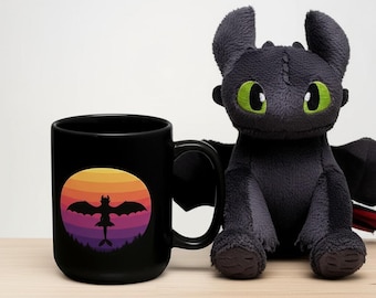 Dragon Mug, Fantasy Coffee Mug, Black Gothic Mug, Retro Sunset Dragon Gift, Gamer Mug, DnD Mug, Gift for Dragon Lover, Coffee Cup