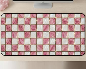 Faux Stained Glass Desk Mat, Pink Marble Mosaic Mouse Pad, Gold Trim Checkerboard, Aesthetic Office Decor, Large Gaming Mousepad, Cute Gift