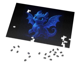 May include: A jigsaw puzzle featuring a blue dragon with a starry night design. The dragon has large wings and is set against a black background. Some puzzle pieces are separate from the assembled puzzle.