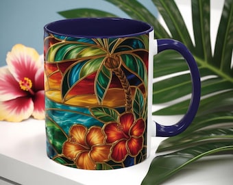 Stained Glass Tropical Sunset Mug, Hibiscus Flower Coffee Cup, Beach Lover Gift, Colorful Palm Tree Mug, Coastal Art Drinkware, Summer Cup