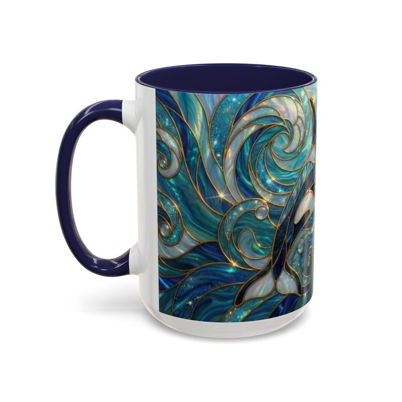 Orca Whale Coffee Mug, Ocean Art Mug, Stained Glass Whale Design, Marine Life Gift, Ceramic Coffee Cup, 11oz 15oz Waves Mug, Coastal Decor image 7