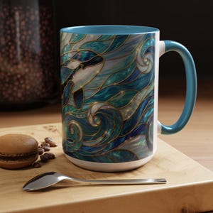 Orca Whale Coffee Mug, Ocean Art Mug, Stained Glass Whale Design, Marine Life Gift, Ceramic Coffee Cup, 11oz 15oz Waves Mug, Coastal Decor image 20