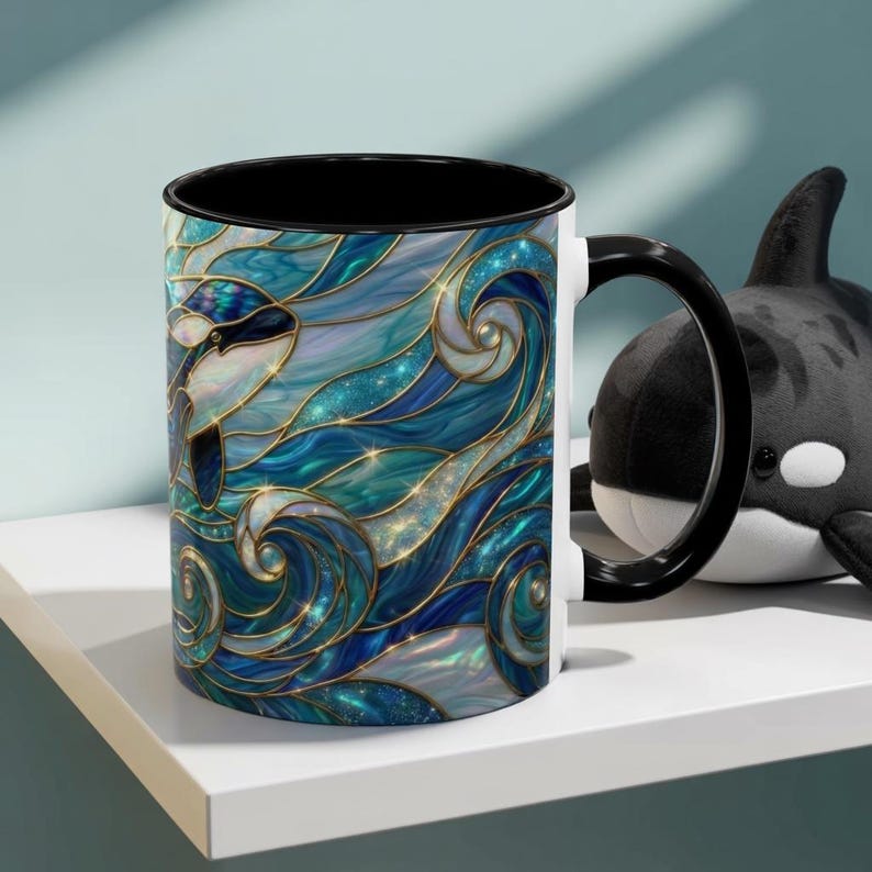 Orca Whale Coffee Mug, Ocean Art Mug, Stained Glass Whale Design, Marine Life Gift, Ceramic Coffee Cup, 11oz 15oz Waves Mug, Coastal Decor image 4