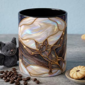 May include: A cylindrical ceramic mug featuring a stained glass style design of a bat in flight. The artwork displays iridescent white and gold tones with dark brown accents. The interior of the mug is solid black, and the exterior surface is smooth.