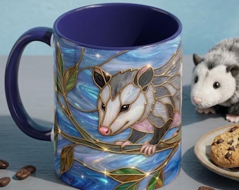 Faux Stained Glass Opossum Mug, Goblincore Possum Coffee Cup, Nature Lover Gift, Trash Panda Decor, Whimsical Animal Tea Mug, Cottagecore