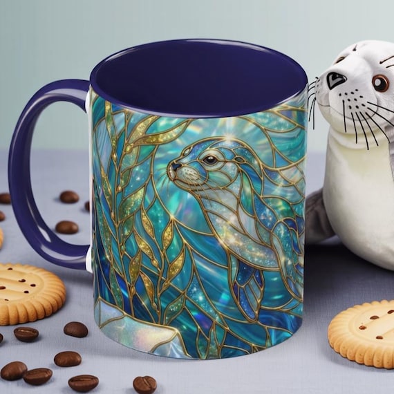 Seal Coffee Mug, Stained Glass Seal Mug, Cute Marine Animal Art Mug, Ocean Lover Gift, Unique Ceramic Coffee Cup, 11oz 15oz Coastal Mug