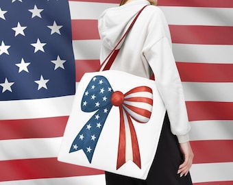 Patriotic Bow Tote Bag: American Flag Stars & Stripes Reusable Market Bag