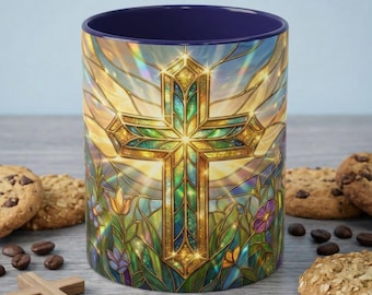 Stained Glass Cross Mug, Christian Coffee Cup With Floral Design, Faith Inspired Ceramic Mug, Religious Gift, 11oz 15oz