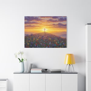 Canvas Artwork Cross on Hill Christian Painting in style of Monet Spiritual Decor Faith Painting Religious Gift