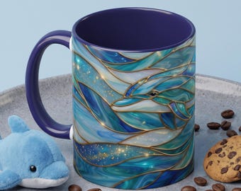 Stained Glass Dolphin Mug, Dolphin Coffee Cup, Ocean Art Mug, Sea Life Gift, Nautical Decor Mug, Coastal Dolphin Lover Gift