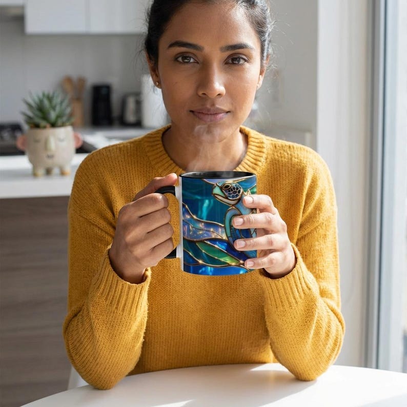 Stained Glass Sea Turtle Mug, Ocean Turtle Coffee Cup, Coastal Beach Mug Gift, Marine Life Art Cup, Sea Lover Gift, Ocean Wildlife Mug image 7