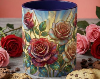 Stained Glass Rose Mug, Floral Art Coffee Cup, Elegant Rose Flower Mug, Blue Gold Glass Style Design, Romantic Gift For Her Decor