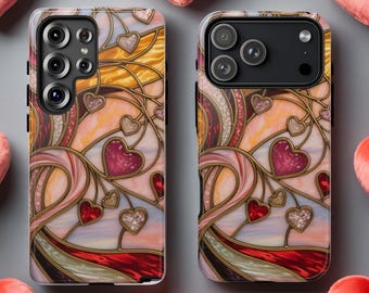 Funda para teléfono con corazones de vitral, diseño romántico de corazones en espiral, cubierta artística en rosa y rojo, un bonito regalo para ella, funda colorida con diseño de amor de vitral.
