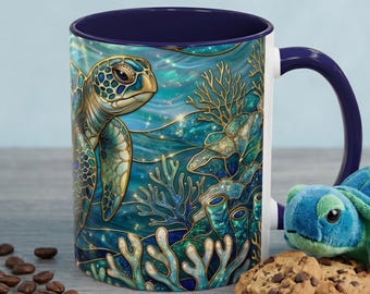 Sea Turtle Mug, Faux Stained Glass Ocean Coffee Cup, Celestial Marine Life Gift, Coastal Turtle Lover Present, Deep Blue Underwater Art