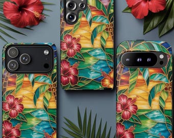 Stained Glass Hibiscus Phone Case, Tropical Sunset Floral Cover, Beach Art Phone Case, Colorful Flower Case, Samsung iPhone Google Case