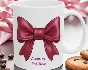 Tazza con fiocco personalizzata, tazza da caffè con nome personalizzato, tazza con fiocco rosa, tazza estetica Coquette, regalo femminile per lei, tazza con testo personalizzato