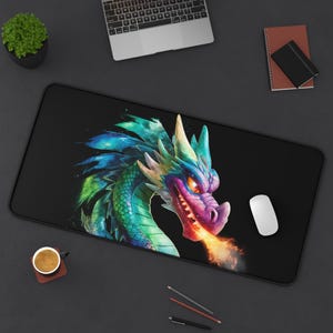 Fantasy Dragon Desk Mat and Gaming Mouse Pad Colorful Fire-Breathing Dragon Office and Gaming Desk Accessory Gift for Gamers