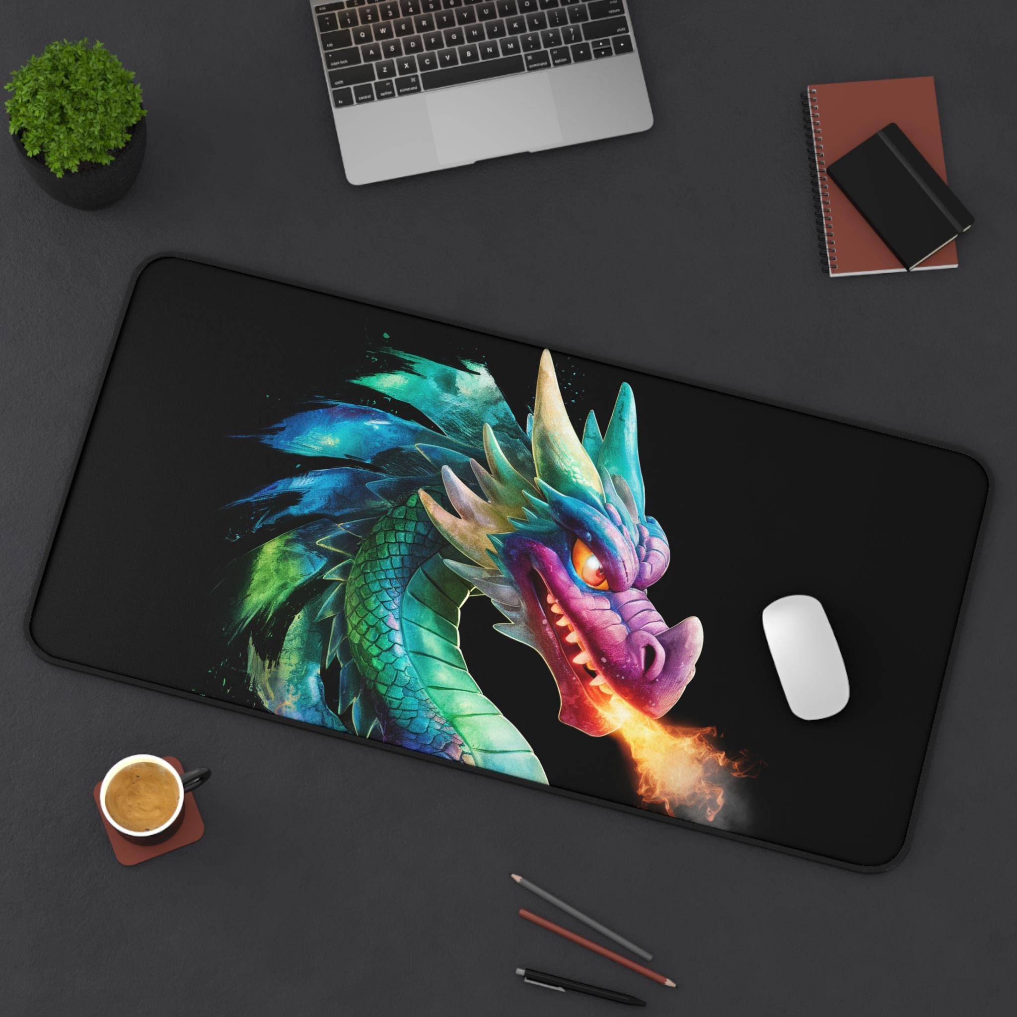 ファンタジードラゴンデスクマット：カラフルな火を吐くゲーミング