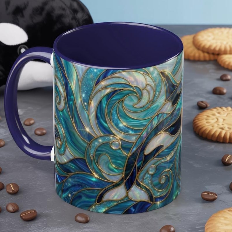 Orca Whale Coffee Mug, Ocean Art Mug, Stained Glass Whale Design, Marine Life Gift, Ceramic Coffee Cup, 11oz 15oz Waves Mug, Coastal Decor image 2