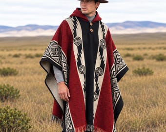 Handwoven Hooded Alpaca Wool Poncho | Red Black Geometric Western Cape | Ultra-Soft Lightweight Layer for Men & Women