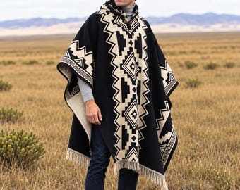 Handwoven Hooded Alpaca Wool Western Poncho | Black Ivory Geometric Cape | Ultra-Soft Layer for Men & Women