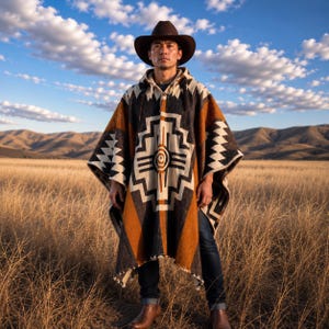 Pode incluir: Um poncho com capuz apresentando um padrão geométrico em tons de castanho, preto e creme, usado com um chapéu de cowboy castanho, calças de ganga azul-escuras e botas de couro castanhas. A peça tem um motivo central de sol e bainha com franjas.